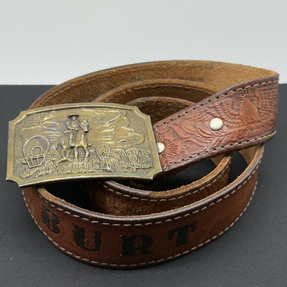 Vtg Western Justin Tooled Leather Name Belt "BURT" Covered Wagon Belt Buckle 38" - Picture 1 of 11